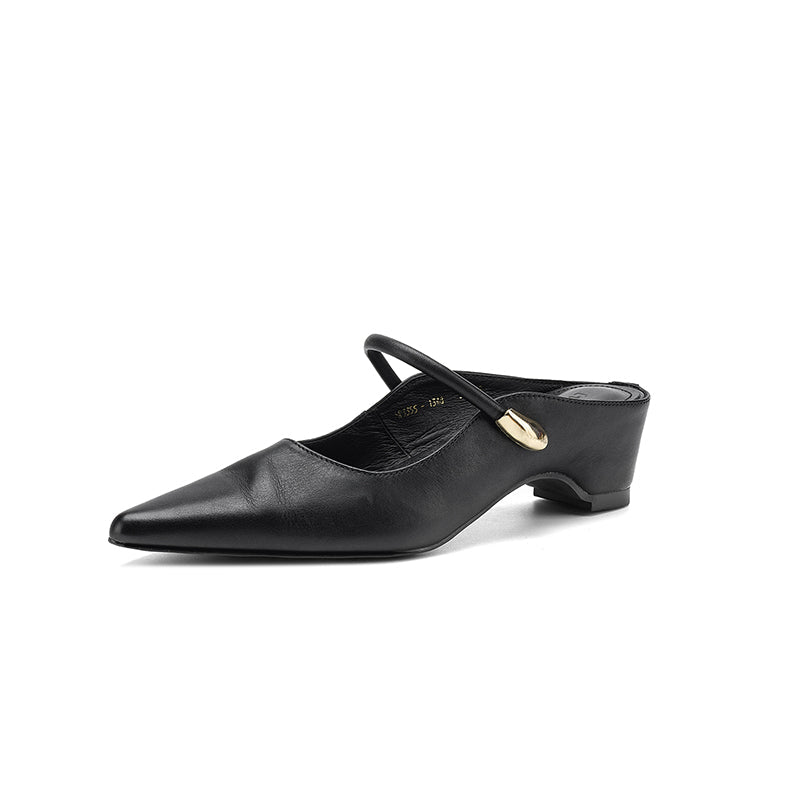 Cowhide Pointed Toe Block Mary Jane Mule Sandals - Free Shipping