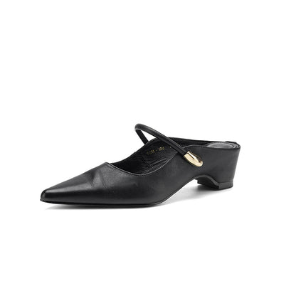 Cowhide Pointed Toe Block Mary Jane Mule Sandals - Free Shipping