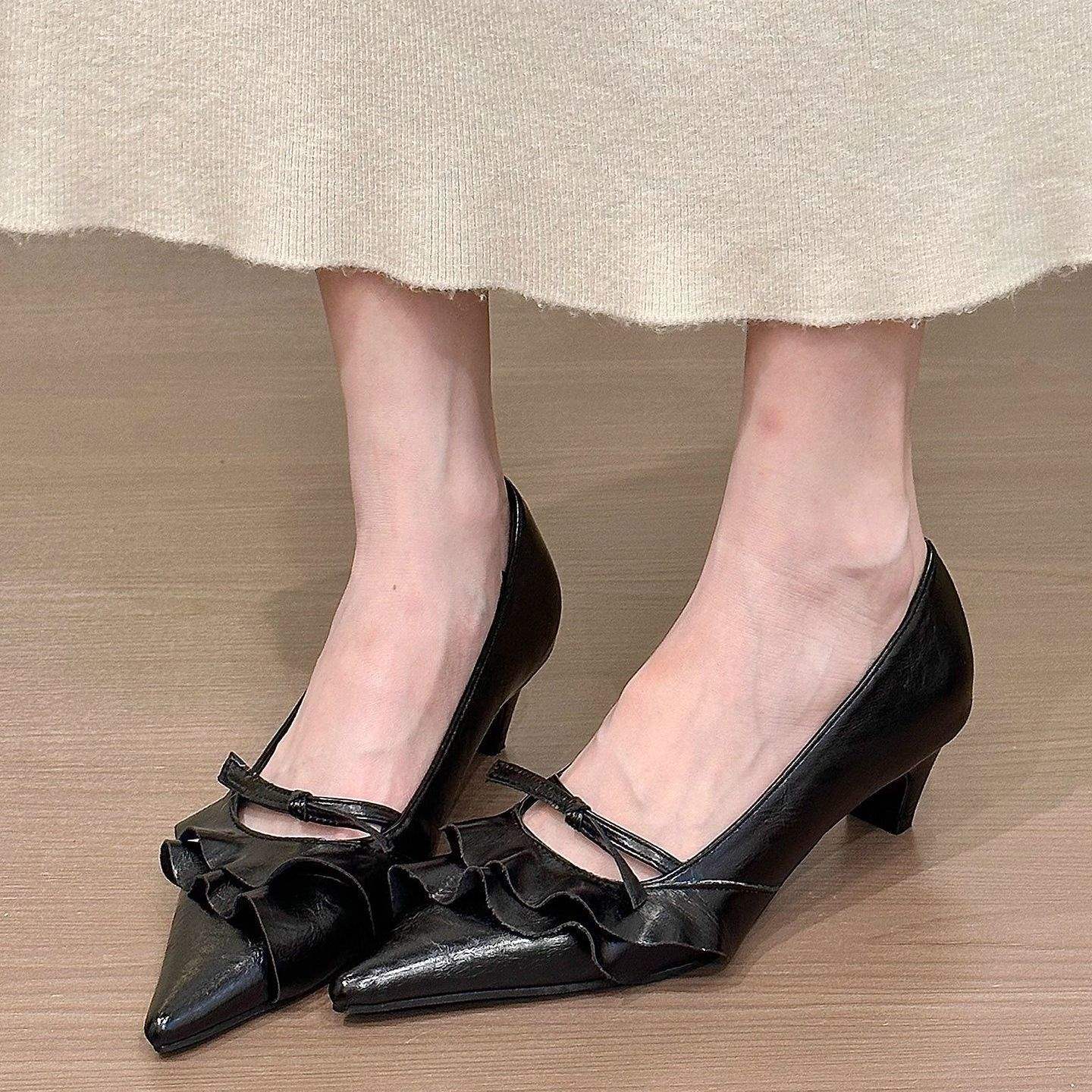French-Style Kitten Heels with Ruffled Hem & Bow Tie - Free Shipping
