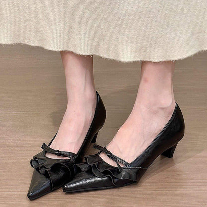 French-Style Kitten Heels with Ruffled Hem & Bow Tie - Free Shipping