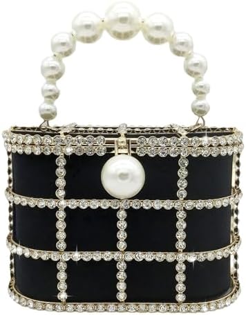 Glamorous Rhinestone-Encrusted Bucket Clutch - Elegant Pearl Handle Detail for Special Occasions