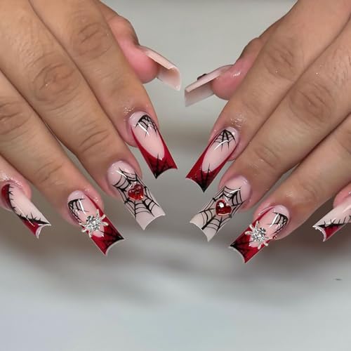 Red Heart Web Halloween Press On Fake Nails, Long Square Acrylic Press-Ons, 24Pcs Set-Free Shipping