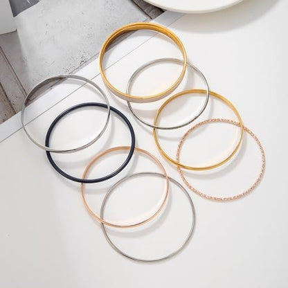 Gold and Silver Bangle Bracelet Sets - Multi-Layer Stackable Textured Bangles