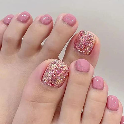 Trendy Press On Square Glitter Artificial Fake Toenails - Sparkle and Shine with Press-On Nails for Toes-Free Shipping