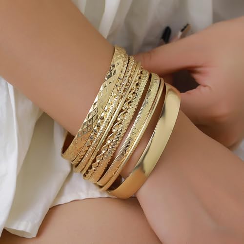 Gold and Silver Bangle Bracelet Sets - Multi-Layer Stackable Textured Bangles