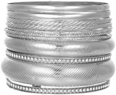 Gold and Silver Bangle Bracelet Sets - Multi-Layer Stackable Textured Bangles