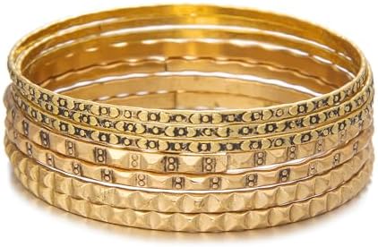 Gold and Silver Bangle Bracelet Sets - Multi-Layer Stackable Textured Bangles