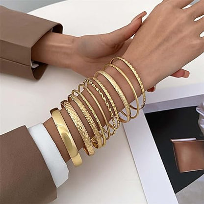 Gold and Silver Bangle Bracelet Sets - Multi-Layer Stackable Textured Bangles