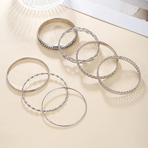 Gold and Silver Bangle Bracelet Sets - Multi-Layer Stackable Textured Bangles