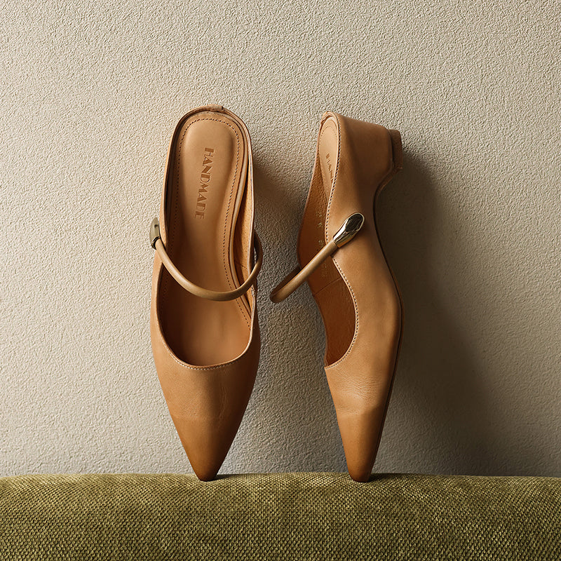 Cowhide Pointed Toe Block Mary Jane Mule Sandals - Free Shipping
