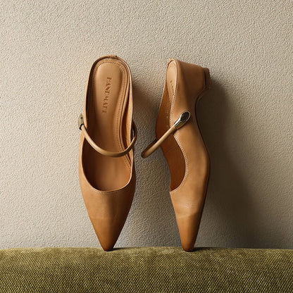 Cowhide Pointed Toe Block Mary Jane Mule Sandals - Free Shipping