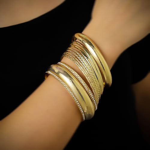 Gold and Silver Bangle Bracelet Sets - Multi-Layer Stackable Textured Bangles