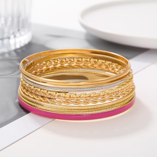 Gold and Silver Bangle Bracelet Sets - Multi-Layer Stackable Textured Bangles