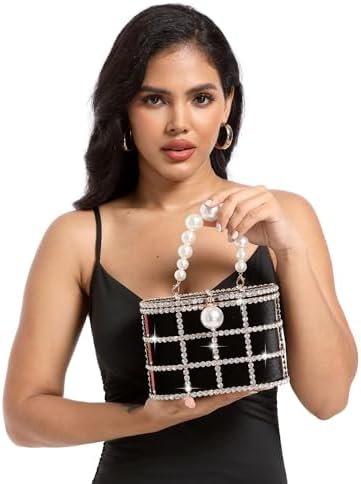 Glamorous Rhinestone-Encrusted Bucket Clutch - Elegant Pearl Handle Detail for Special Occasions