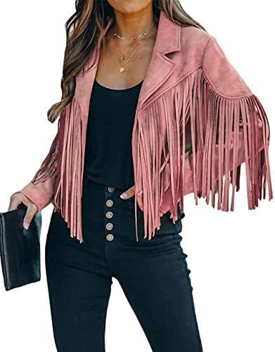 Trendy Pink Women’s Leather Boyfriend Cropped Jacket with Tassels Edgy and Trendy-Free Shipping