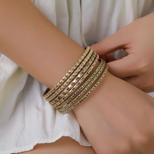 Gold and Silver Bangle Bracelet Sets - Multi-Layer Stackable Textured Bangles