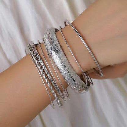 Gold and Silver Bangle Bracelet Sets - Multi-Layer Stackable Textured Bangles