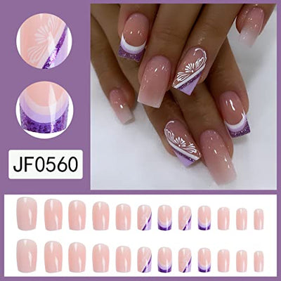 Trendy Medium Square Press-On Nails Flower Design-24 Pcs Glossy-Free Shipping