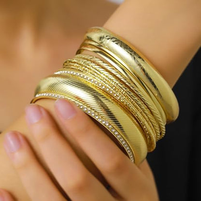 Gold and Silver Bangle Bracelet Sets - Multi-Layer Stackable Textured Bangles