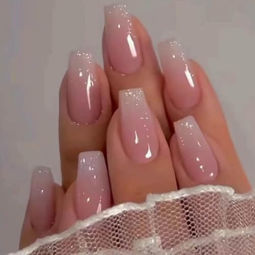 Press On Medium Long Square Nails - Rhinestone Pink Bling 3D Flower 24Pcs Reusable Nail Kit-Free Shipping