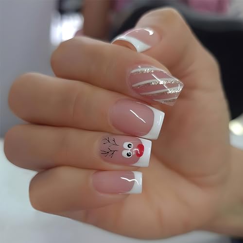 Christmas Santa Design Press-On Nails Short Square Acrylic Set 24pcs Stick-On Manicure-Free Shipping