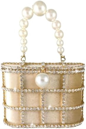 Glamorous Rhinestone-Encrusted Bucket Clutch - Elegant Pearl Handle Detail for Special Occasions