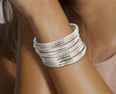 Gold and Silver Bangle Bracelet Sets - Multi-Layer Stackable Textured Bangles