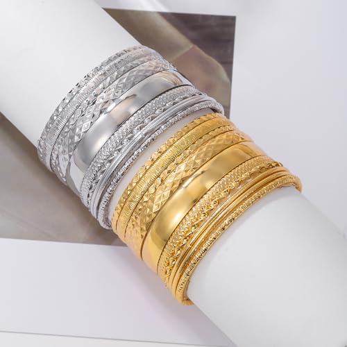 Gold and Silver Bangle Bracelet Sets - Multi-Layer Stackable Textured Bangles