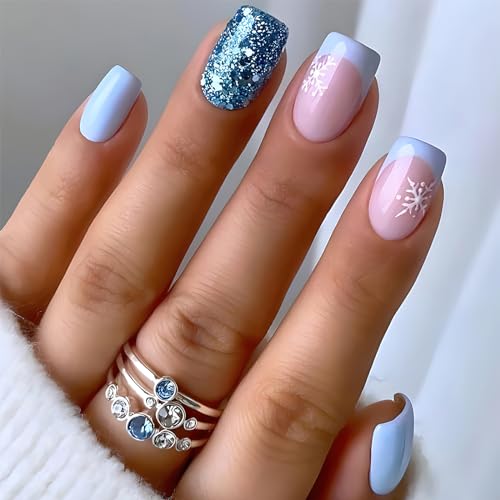 Christmas Blue Pink Flakes Design Press-On Nails Short Square Acrylic Set 24pcs Stick-On Manicure-Free Shipping