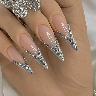 Stiletto Silver Glitter PressOn Long Fancy Fake Nails French Tips-Free Shipping