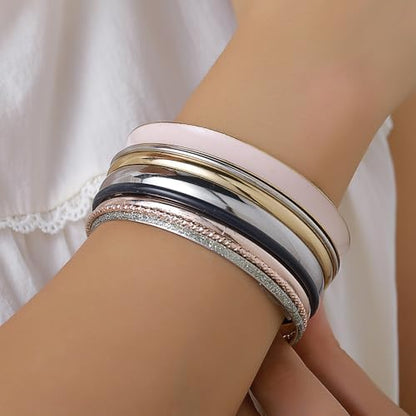 Gold and Silver Bangle Bracelet Sets - Multi-Layer Stackable Textured Bangles