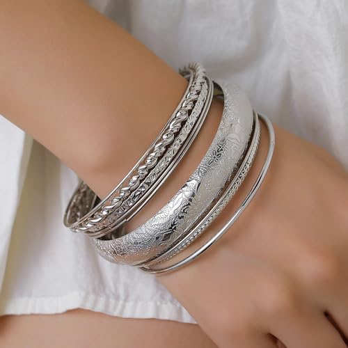 Gold and Silver Bangle Bracelet Sets - Multi-Layer Stackable Textured Bangles