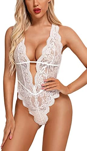 Sexy Hollow Out Floral Lace Bodysuit - Women's Deep V Teddy Babydoll Lingerie- Free Shipping