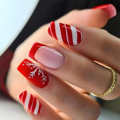 Christmas Santa Design Press-On Nails Short Square Acrylic Set 24pcs Stick-On Manicure-Free Shipping