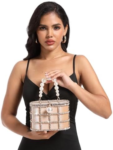 Glamorous Rhinestone-Encrusted Bucket Clutch - Elegant Pearl Handle Detail for Special Occasions