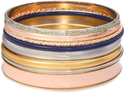 Gold and Silver Bangle Bracelet Sets - Multi-Layer Stackable Textured Bangles