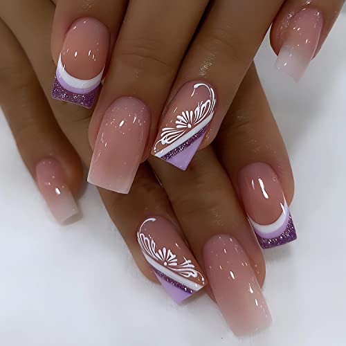 Trendy Medium Square Press-On Nails Flower Design-24 Pcs Glossy-Free Shipping