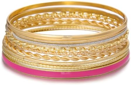 Gold and Silver Bangle Bracelet Sets - Multi-Layer Stackable Textured Bangles