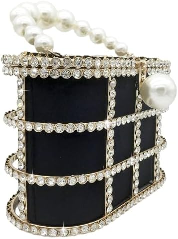 Glamorous Rhinestone-Encrusted Bucket Clutch - Elegant Pearl Handle Detail for Special Occasions