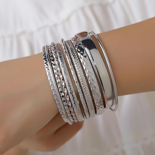 Gold and Silver Bangle Bracelet Sets - Multi-Layer Stackable Textured Bangles