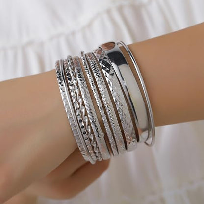 Gold and Silver Bangle Bracelet Sets - Multi-Layer Stackable Textured Bangles