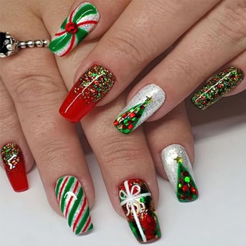 Christmas Santa Design Press-On Nails Short Square Acrylic Set 24pcs Stick-On Manicure-Free Shipping