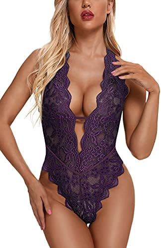 Sexy Hollow Out Floral Lace Bodysuit - Women's Deep V Teddy Babydoll Lingerie- Free Shipping