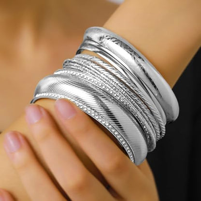 Gold and Silver Bangle Bracelet Sets - Multi-Layer Stackable Textured Bangles