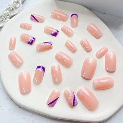 Trendy Medium Square Press-On Nails Flower Design-24 Pcs Glossy-Free Shipping