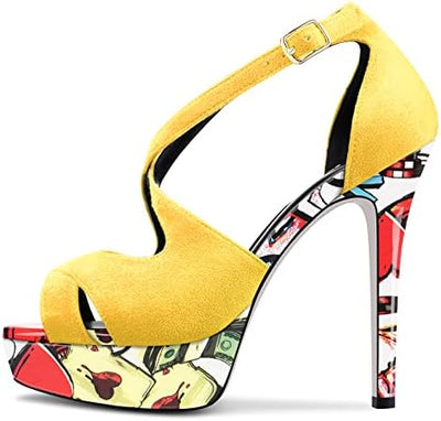 Vibrant Statement Pop Art Stiletto Platform Ankle Strap Heels 4.7in