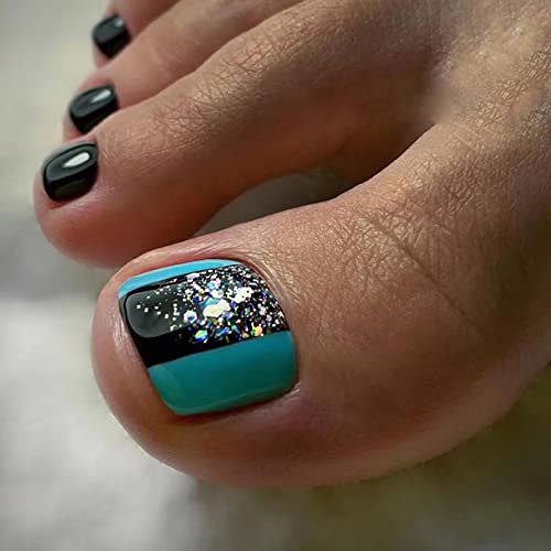 Trendy Press On Square Glitter Artificial Fake Toenails - Sparkle and Shine with Press-On Nails for Toes-Free Shipping