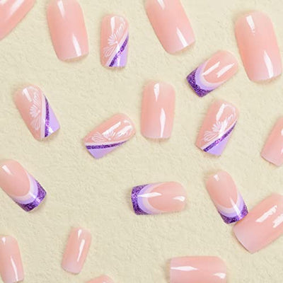 Trendy Medium Square Press-On Nails Flower Design-24 Pcs Glossy-Free Shipping