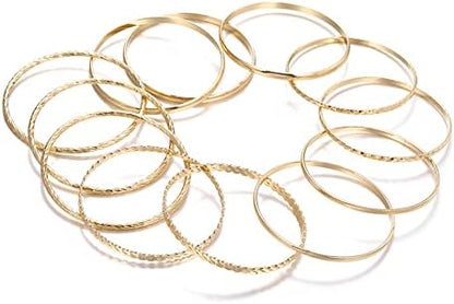 Gold and Silver Bangle Bracelet Sets - Multi-Layer Stackable Textured Bangles