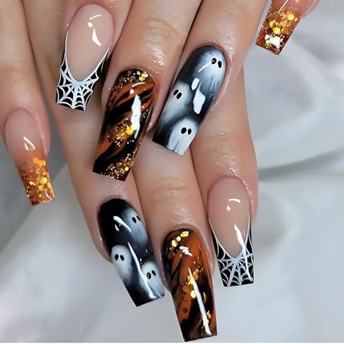 Ghost Glitter Halloween Press On Fake Nails, Long Square Acrylic Press-Ons, 24Pcs Set-Free Shipping